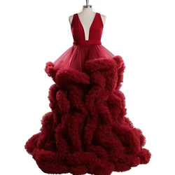 Red Sheer Maternity Robe for Photoshoot Extra Puffy Tulle Pregnant Women Robes Photography Dress Real Photos