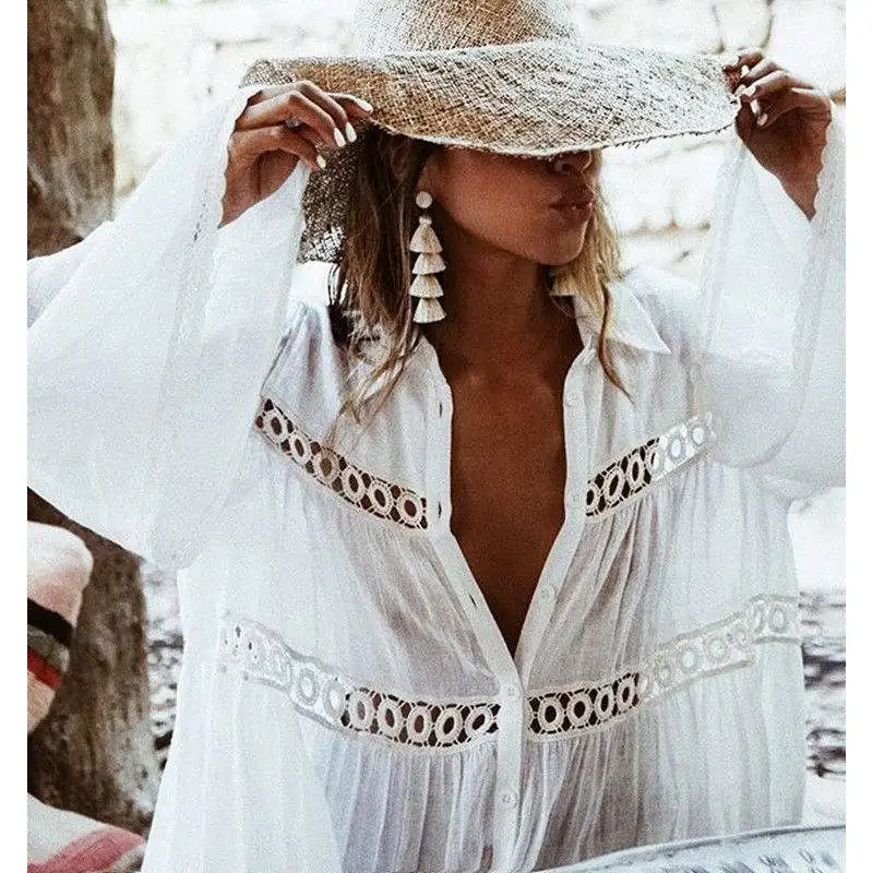 Women Swimsuit Cover Ups Mandarin Sleeve Kaftan Beach Tunic Dress Robe De Plage Solid White Pareo Beach Cover-ups