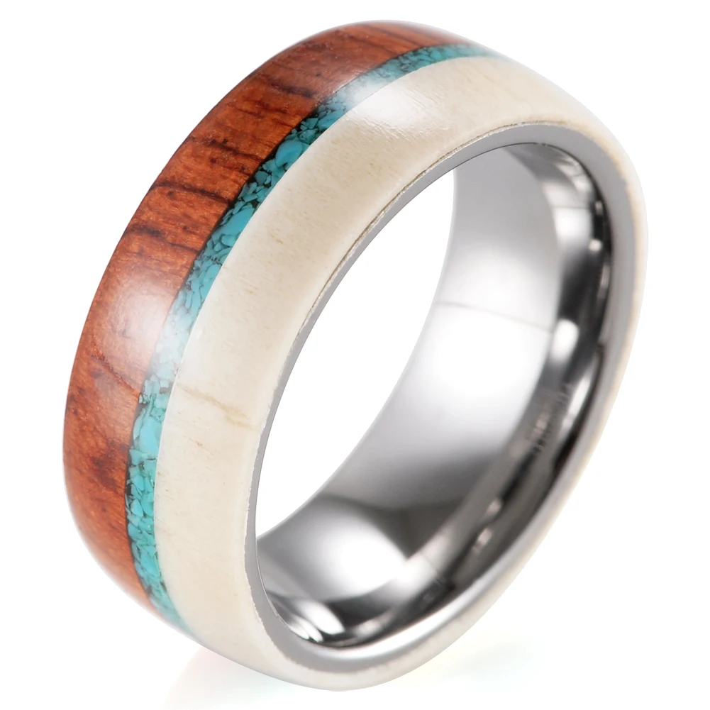 Men's Tungsten Wedding Ring Antler Wood Ring-8MM Domed Tungsten Antler Turquoise Wood Outdoors Wedding Bands For Men Women