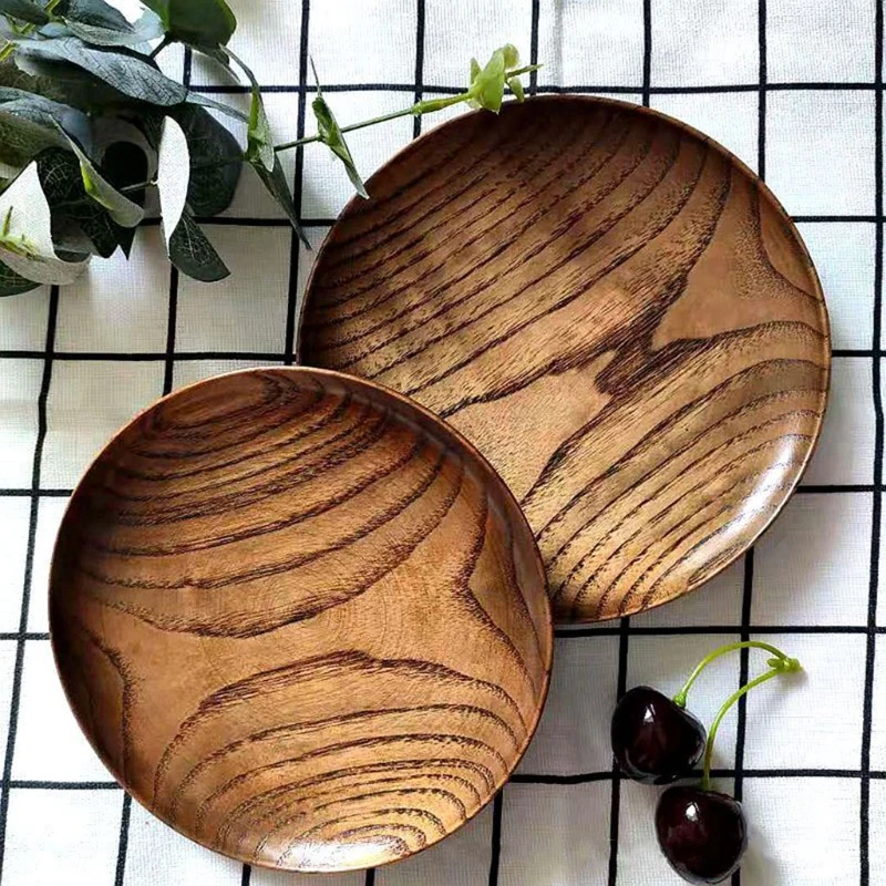 Round Solid Wood Plate Dinner Plates Food Saucer Dessert Serving Tray Cake Fruit Plates Snack Candy Tray Wooden Dry Fruit Dishes