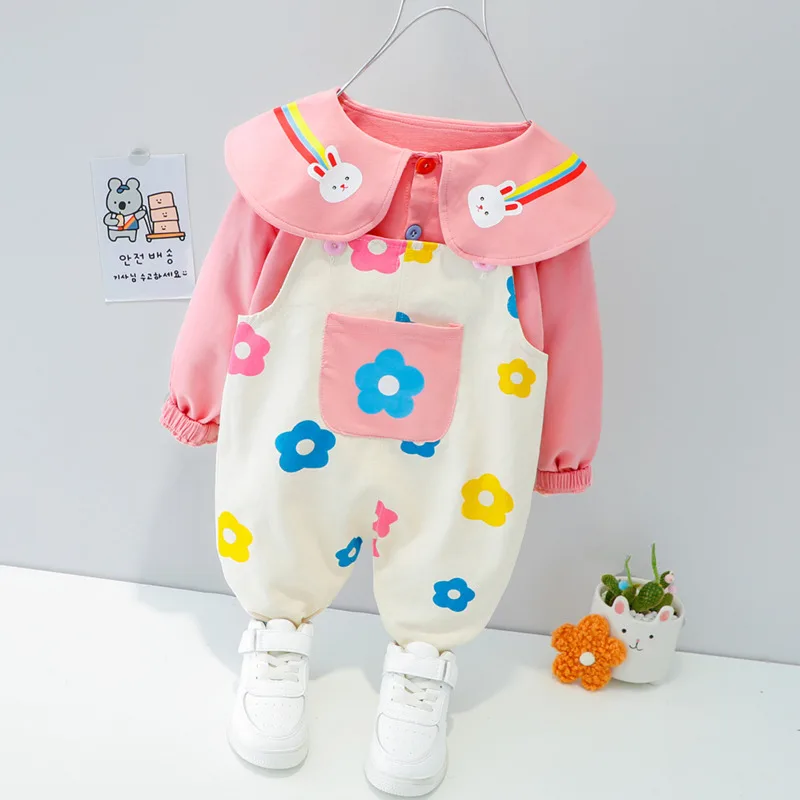 Fashion Spring Autumn Baby Clothes Suit Children Girl Cute Cotton Shirt Overalls 2Pcs/Set Toddler Active Costume Kids Tracksuits