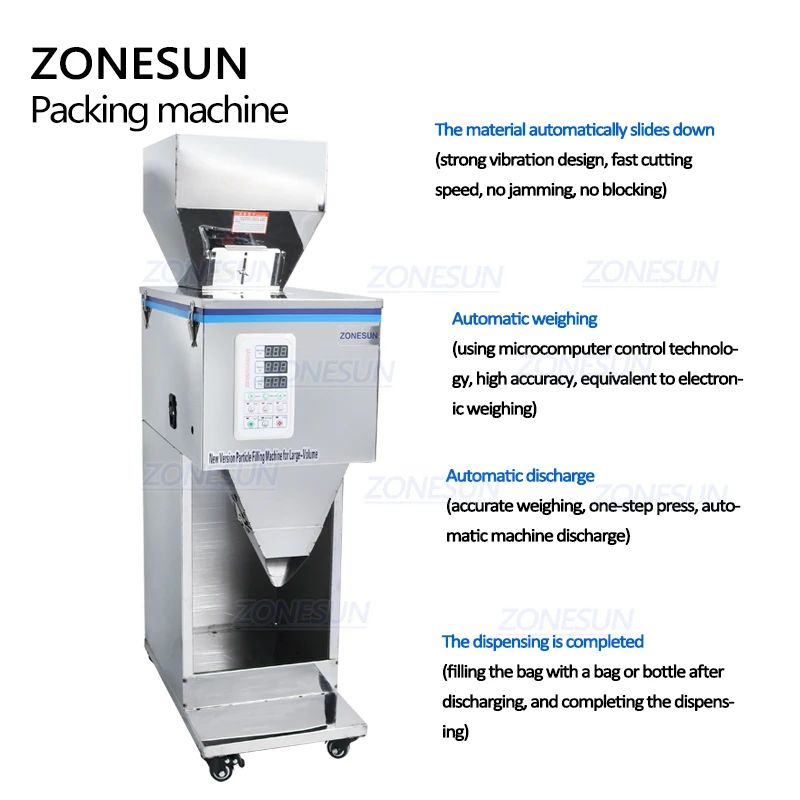 ZONESUN-máquina de Racking de alimentos para ZS-999, máquina de llenado de alimentos con pesaje de materiales en polvo Granular, 10-999g para semillas de granos de café