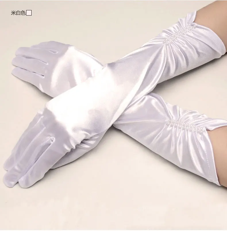 

Mid-Length Wedding Performance Costume Accessories Full Fingered Satin Elastic Gloves with Pearls