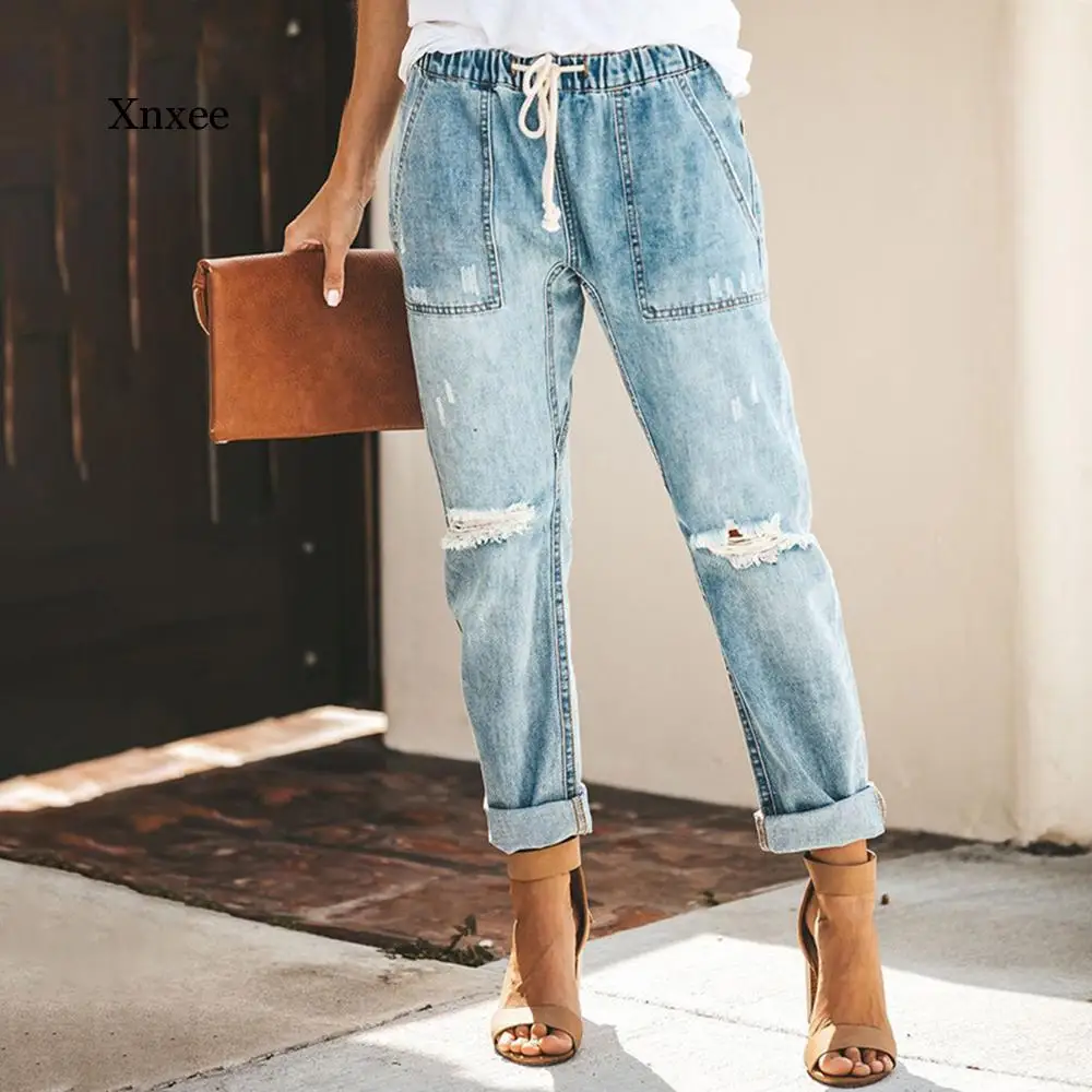 Vintage Ladies Boyfriend Jeans For Women Solid Blue High Waist Jeans Streetwear Korean Style Denim Pencil Pants mom loose