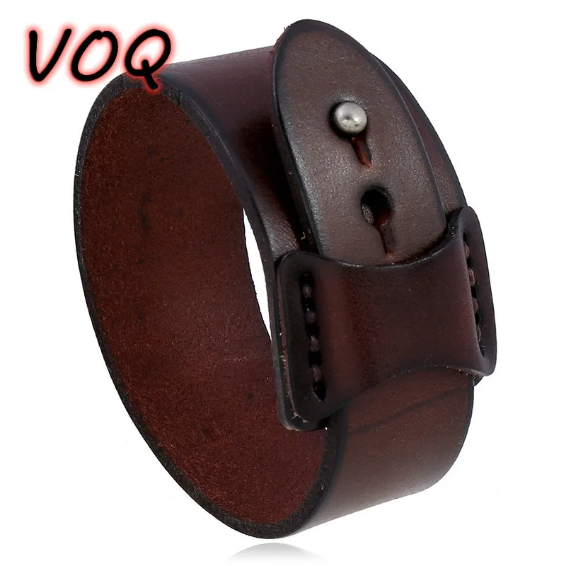 VOQ Punk Geometric Design Black with Brown Genuine Leather Wristband Cuff Bracelet for Unisex Jewelry Creative Gifts pulseras