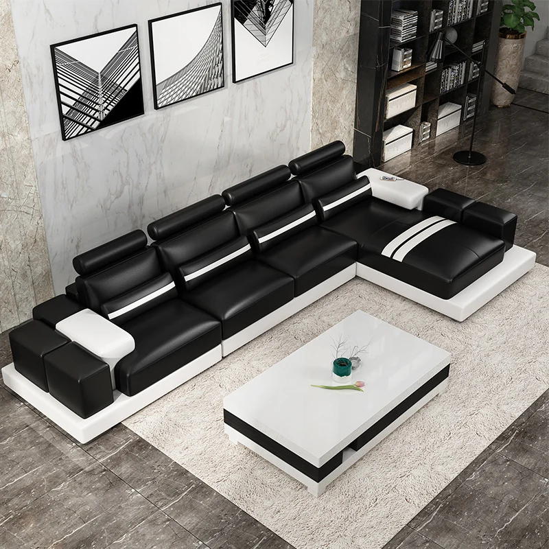 Modern minimalist head-floor cowhide villa size family U-shaped creative fashion feature leather sofa