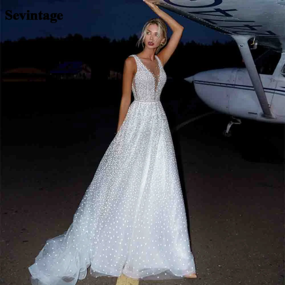 Sevintage Beach Glitter Polka Dot abito da sposa 2021 Sexy scollo a v partito Boho abiti da sposa senza maniche lucido abiti da sposa PlusSize