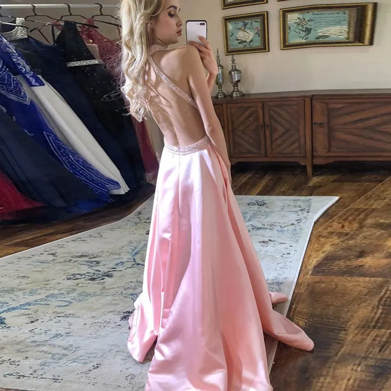 Robe De Soirée longue en Satin, nouveau Style, col licou, perlée, Sexy, dos nu, tenue De Mariage