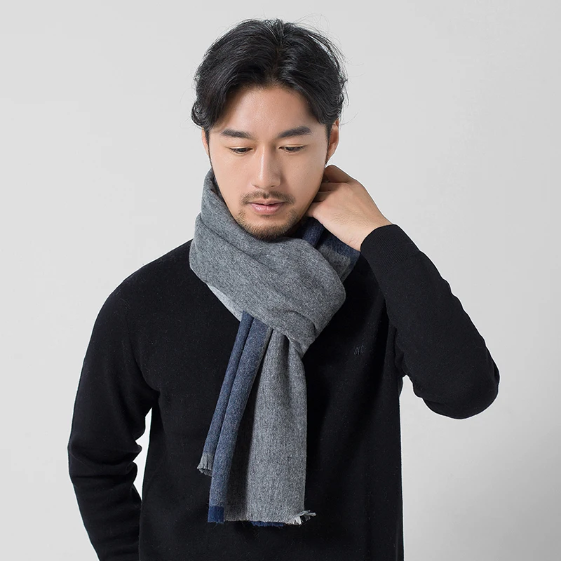 Winter 100% Lamb Wool Men\'s Scarf Striped Warmer Thicken Pashmina Wraps Foulard Male Cashmere Neck Scarf Large Fashion Echarpe