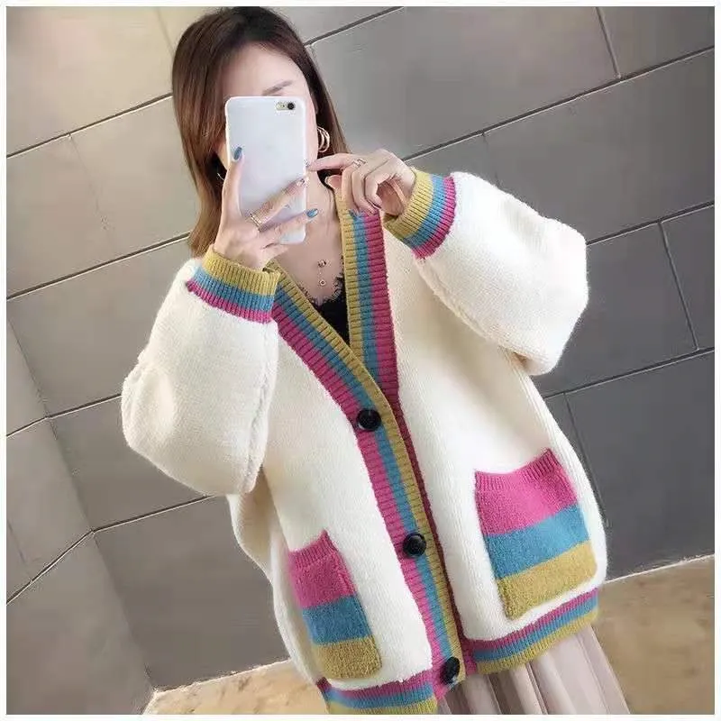 Women Casual Loose Sweater Coat Jacket Cashmere Cardigans Candy Color Knitted Sweater Korean Top Patchwork Large Big Jacket