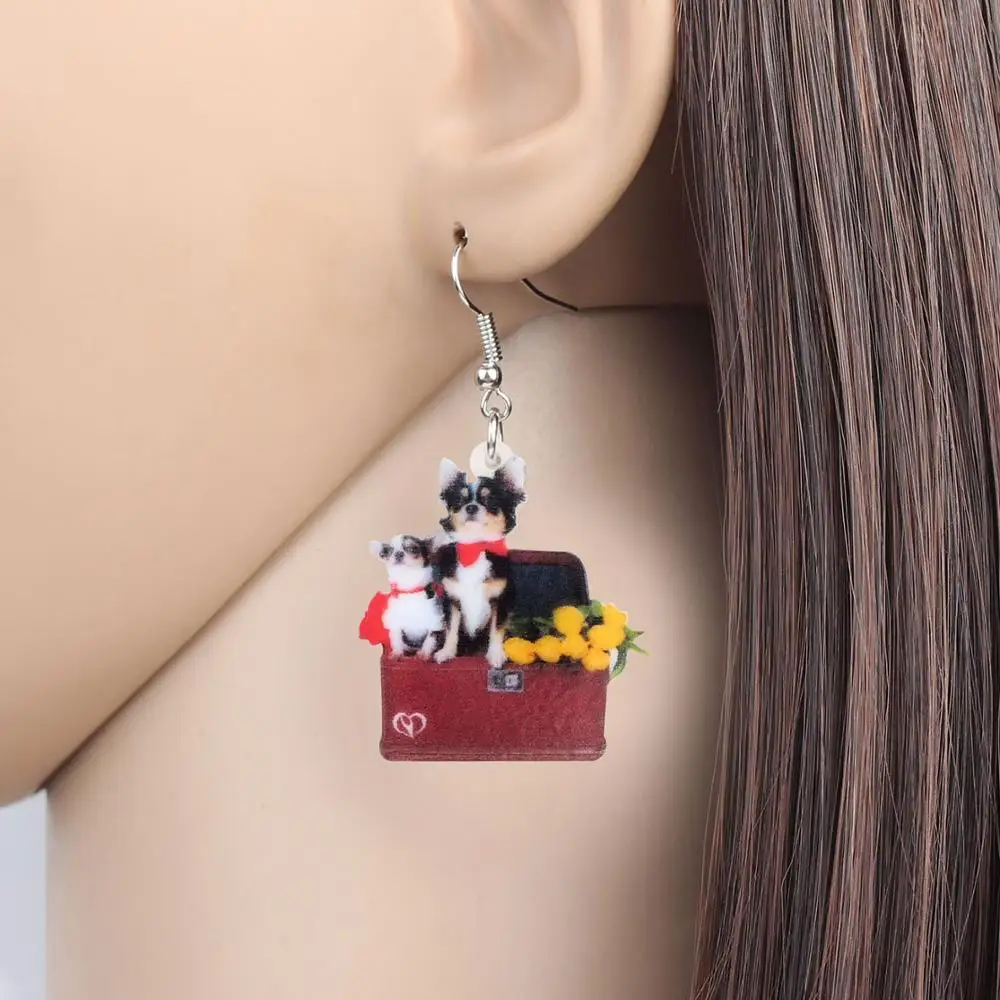 WEVENI Acrylic Bag Chihuahua Dog Earrings Aesthetic Cute Pet Animal Dangle Drop Jewelry For Women Girls Kid Charm Gift Accessory