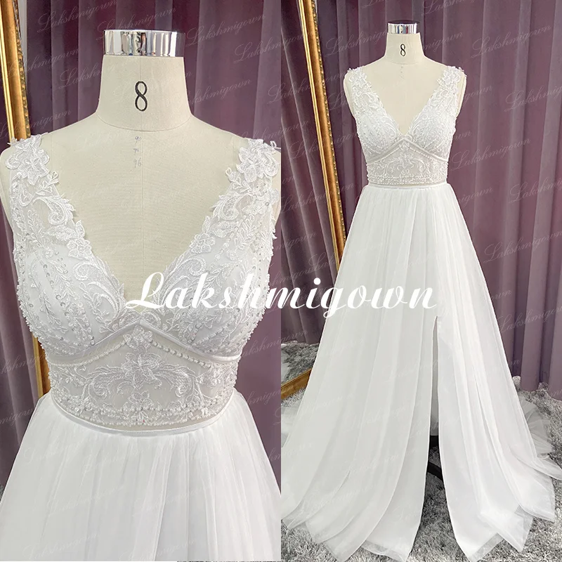 Lakshmigown-vestido de novia de corte en A con abertura alta, traje de novia con cuello en V, Espalda descubierta, apliques de encaje, estilo