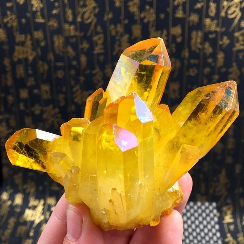 Natural Quartz Electroplating Yellow Color Crystal Cluster Energy Mineral Specimen Healing Ornaments Home Decoration