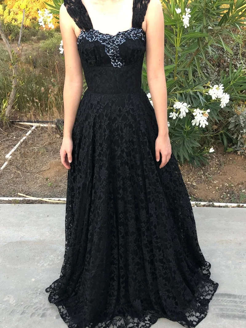 Handmade Black Lace Fit N Flare Long Formal Evening Gown Dresses Wide Shoulder Strap Sequin Bust Detail Prom dress