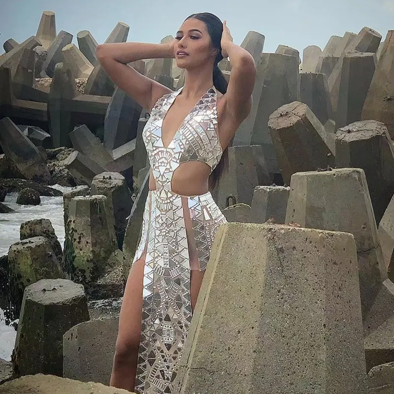 Damska Srebrna Luksusowa Sukienka Wieczorowa z Długim Trenem, Dekoltem typu Halter, Lustrzanymi Cyrkoniami, na Imprezę, Urodziny, Bal Maturalny, z Cekinami, Strój na Scenę, Wybieg