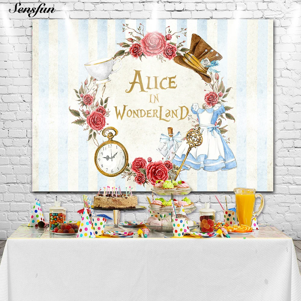 سينسفن فتاة استحمام الطفل صور خلفيات أليس في بلاد العجائب حفلة عيد ميلاد خلفية التصوير استوديو الدعائم كعكة ديكور للطاولات