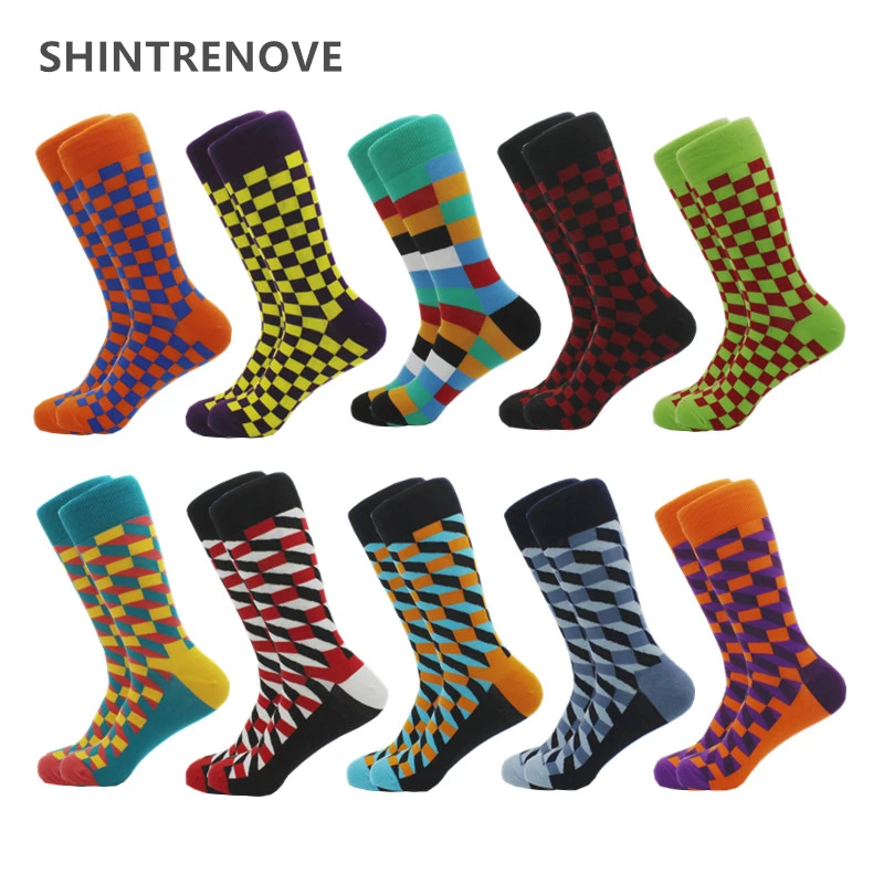 10 Pairs/Lot Funny Men Cotton Socks Colorful Happy Casual Dress Fashion Sock Classic Plaid Hip Hop Trend Compression Man Socks