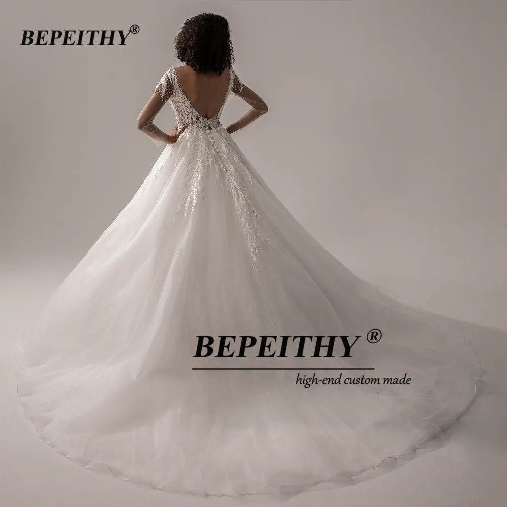 BEPEITHY-vestido de novia blanco con espalda descubierta para mujer, traje de novia de manga completa con cuello en V y cuentas transparentes, color marfil, 2023