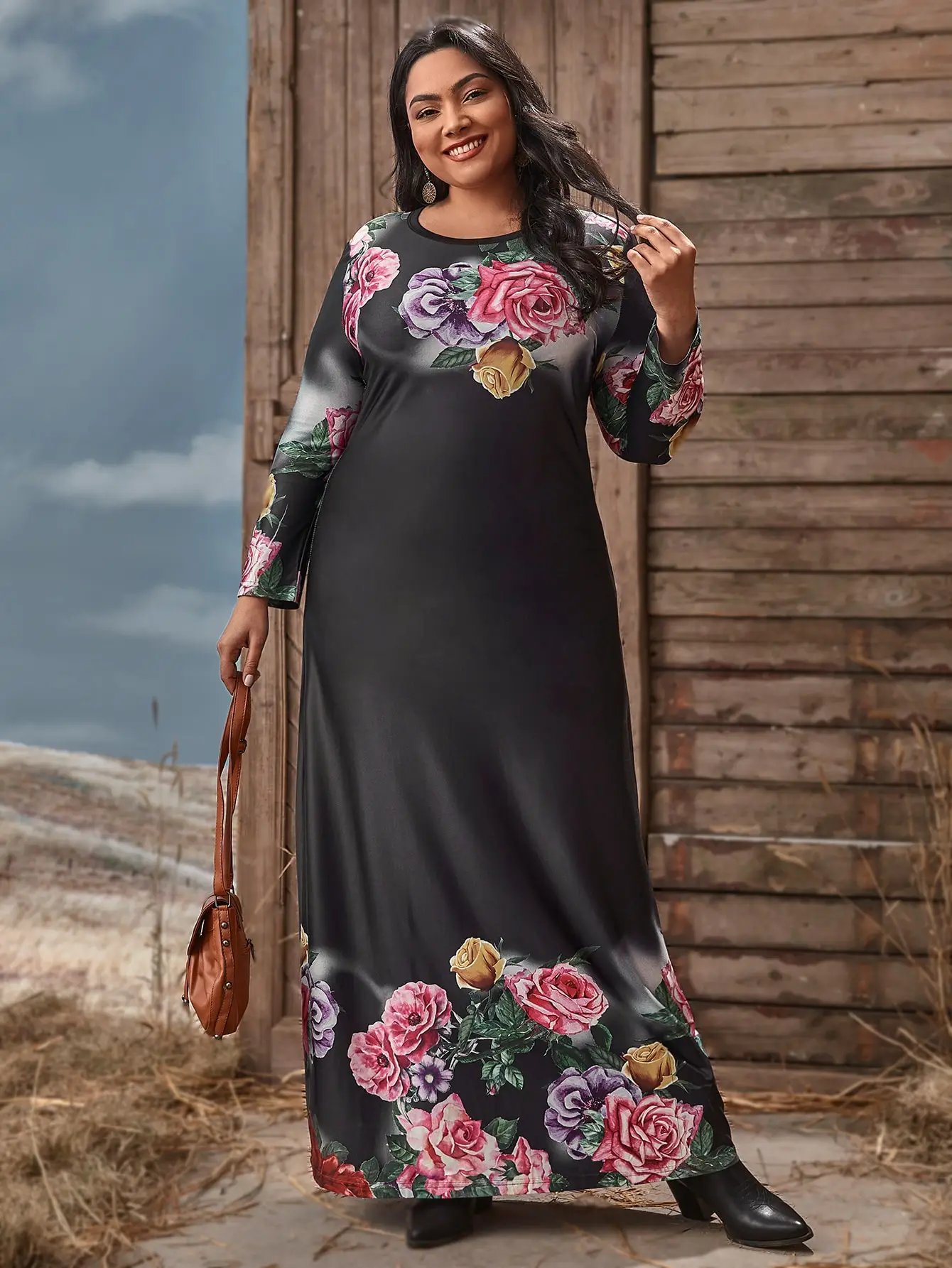 Autumn Winter Dress Women Long Sleeve Rose Floral Print Casual Dress Black Maxi Long Dresses Plus Size Women Clothing