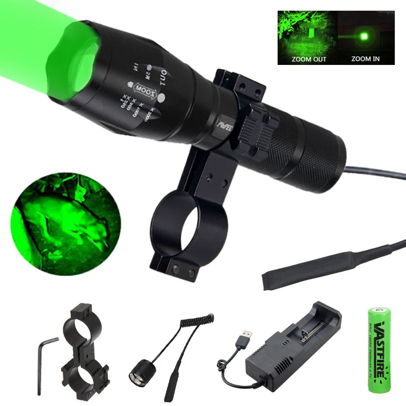 

A100 1000Lm Zoomable Flashlight Green/Red Adjustable Focus 1 Mode Hunting Torch+Rifle Scope Mount+Switch+18650+Charger+Case