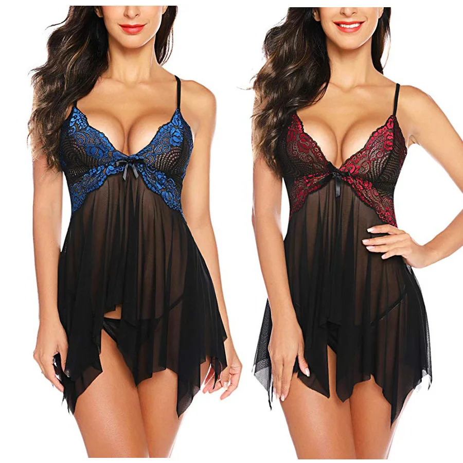 Women Sexy Lingerie Underwear Erotic Dress See-through Lace Pajamas Sleepwear Nightdress + Thong Sexy Costumes Sex Dress