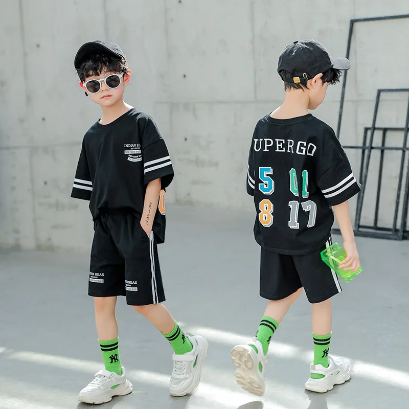 BINIDUCKLING New Letter Printed Outfit Set For Kids Boys Cotton Loose Style 2020 Summer Short Sleeve Clothes Set Black