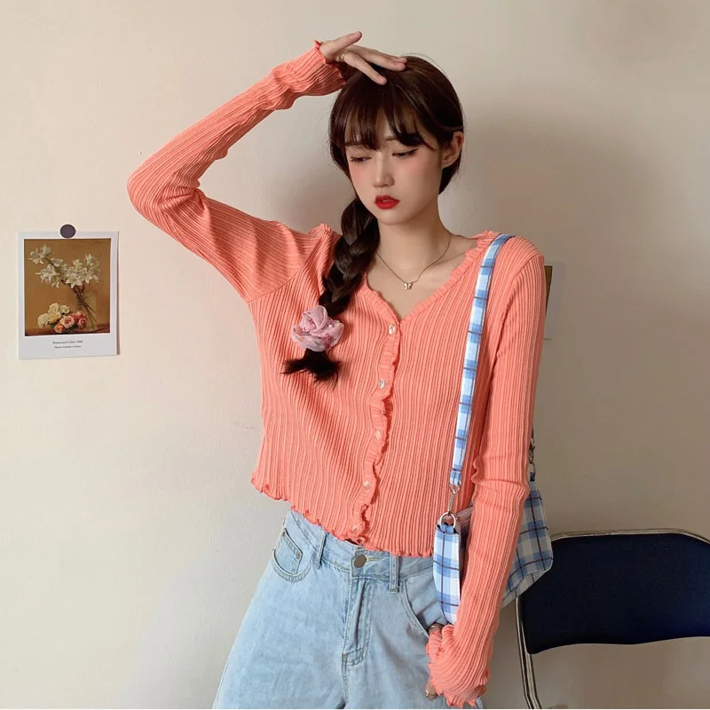 

Women V Neck Knitted Casual Ruched Short Sweaters Cardigans Lady Knitting Soft Thin Spring Autumn Cardigan Outwear for Female