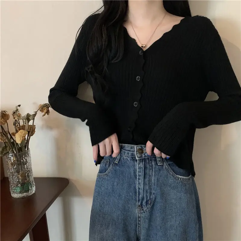 Cropped Cardigan Women Long Sleeve Slim Solid Color Knitted Simple V-neck Sweaters Elegant Outerwear Female Spring Fall Clothing