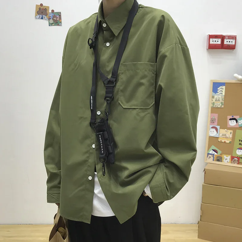 

Men's Shirt Spring And Autumn New Square Collar Loose Trend Long Sleeve Cardigan All-match Solid Color Youth Fashion Leisure