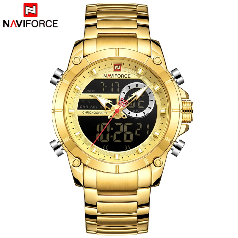 Relojes NAVIFORCE para hombre, marca de lujo, esfera grande, reloj dorado para hombre, reloj deportivo resistente al agua de acero inoxidable para