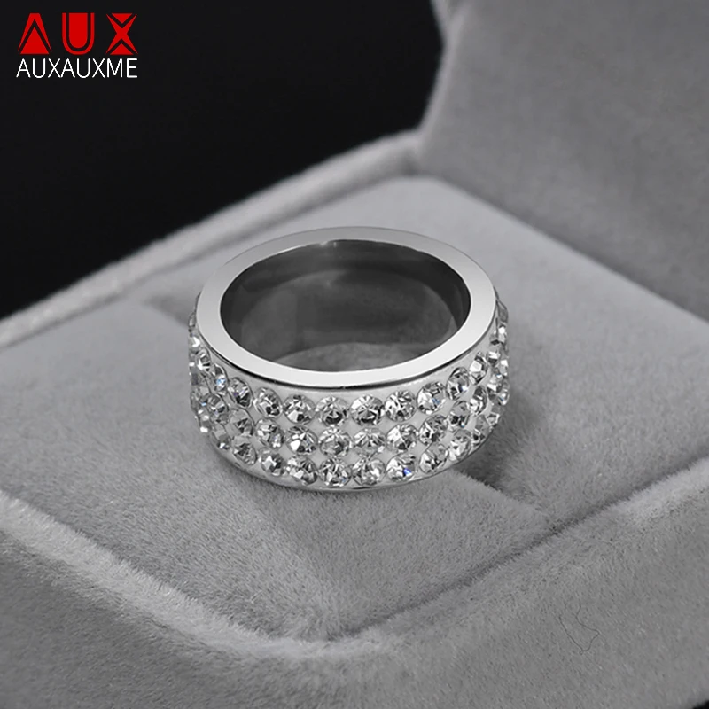 Auxauxme 8mm 3 Rows White Stone Wedding Ring For Women Stainless Steel Pave Setting Stones Rings Engagement Girl Jewelry