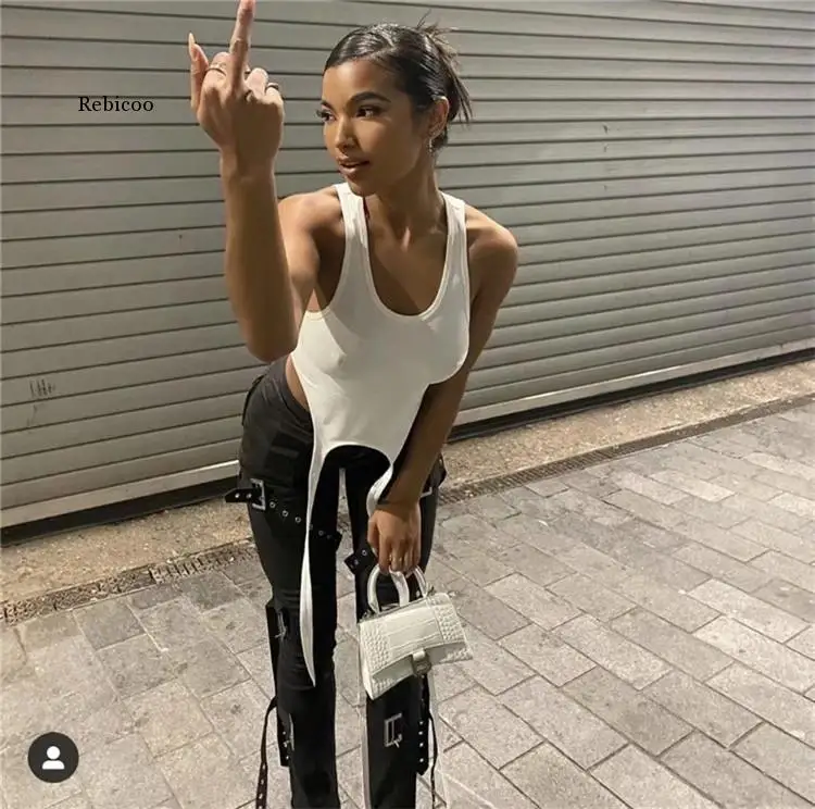 Basic Long Ribbon White Tank Tops for Women Hight Street Casual Wear 2021 Summer Chic Fashionable Vest Club Wear Camisole