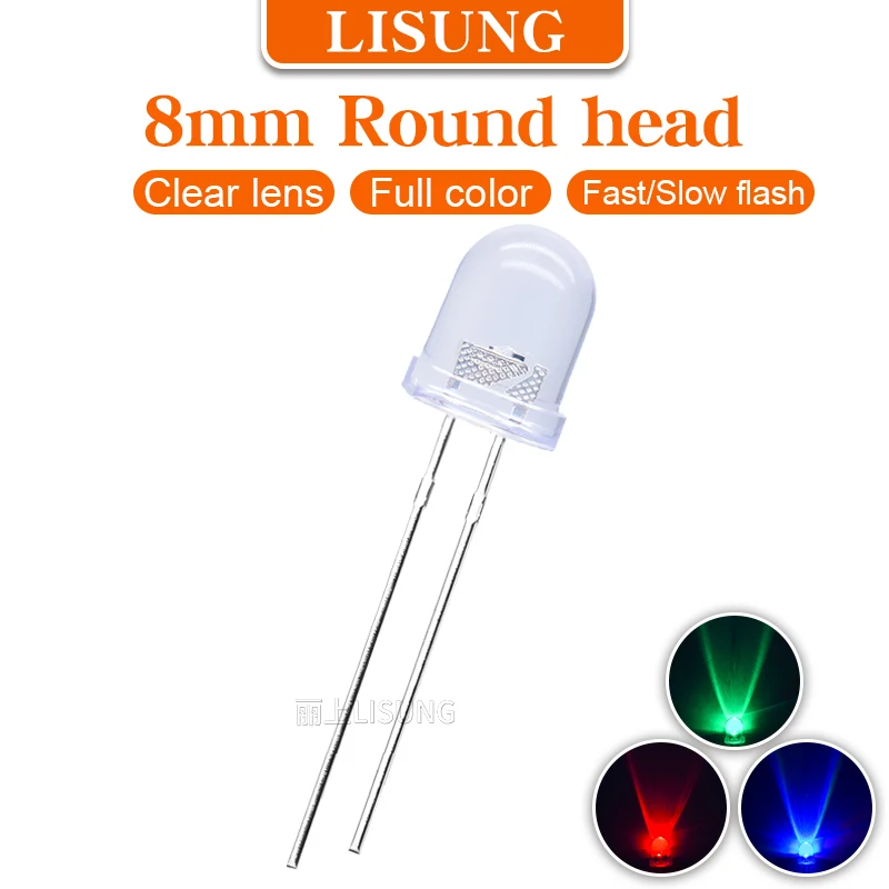 

500Pcs/Bag 8mm Rgb Led 2 Legs Fast Slow Flashing Round Water Clear Lens Fullcolor Led Diode Lamp2pins Through Hole