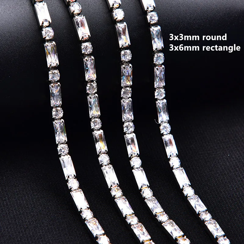 Sparkling Rectangle Square Zircon Crystal Chain Silver Base Dense Zirconia Jewelry Trim For Nail Art Necklace Clothes Decoration