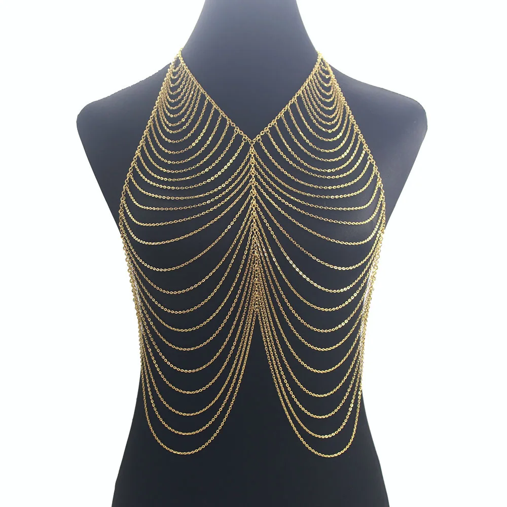 

Luxury Multilayer Metal Tassel Gold Color Sexy Women Harness Bra Belly Waist Fashion Costume Chain Bra Dress Bikini Body Jewelry