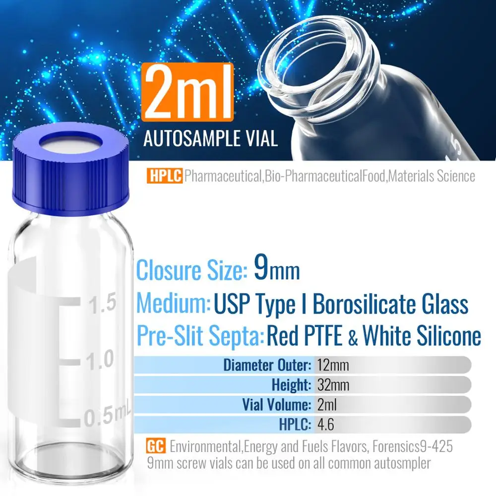Autosampler 2ml HPLC 9-425 Clear glass vial Bottles with Write-on Spot and 9mm ABS Screw Caps, 100Pcs by Ks-Tek