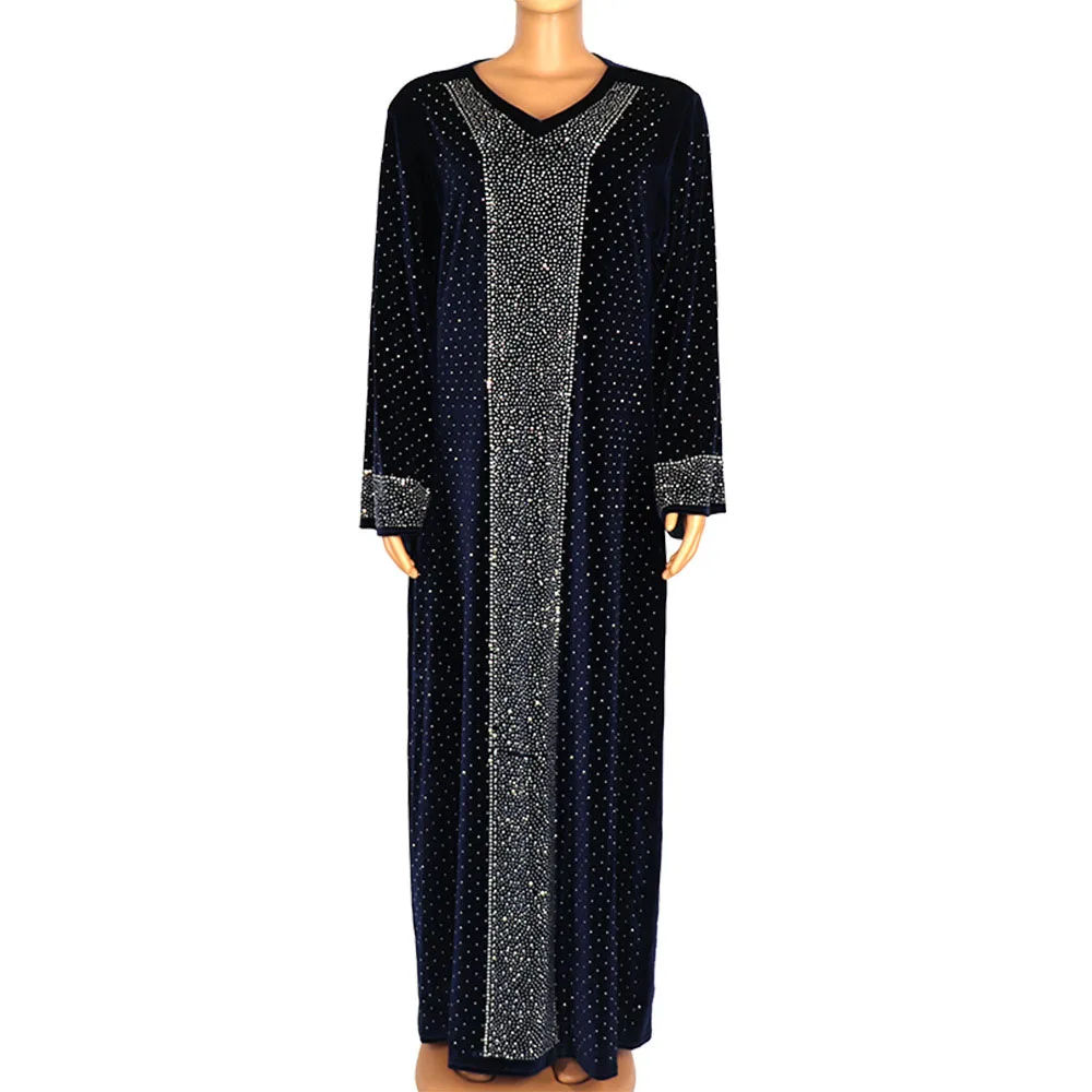 2020 New African Dress For Women Muslim Fashion V-neck Loose Flared Sleeves Diamond Femme Africa Robe Maxi Dress