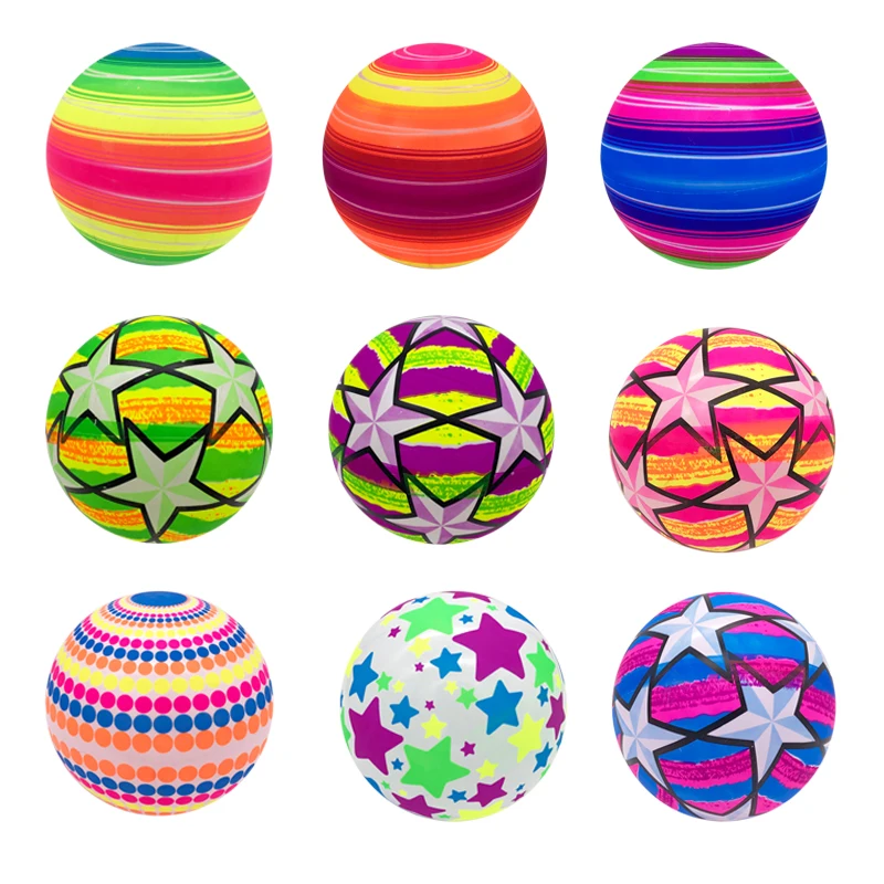 9“ Rainbow Color Star Pattern Inflatable Toy Ball Indoor And Outdoor Sports Rubber Beach Ball Parent Child Games Gifts For Kid