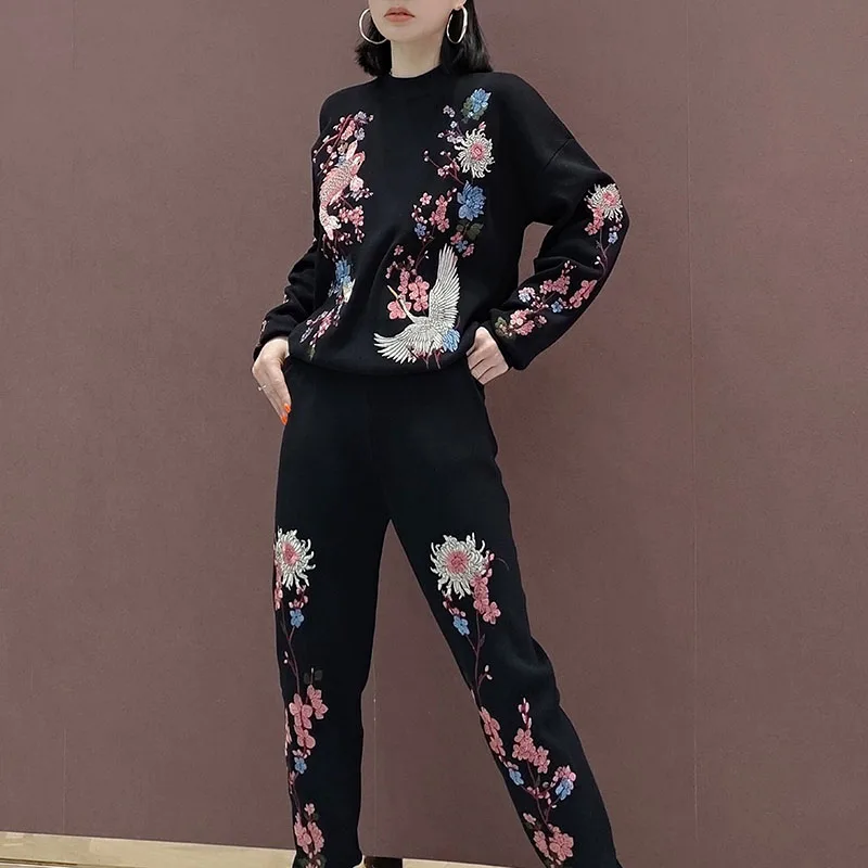 Heavy Work Flower Bird Embroidery Women Knit Tracksuit Outfits Long Sleeve Sweater Trousers Sets Casual Casual Knitwear Suits