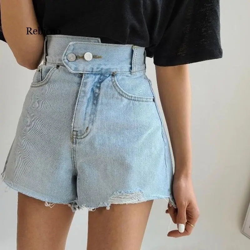 

Blue Sexy Frayed Denim Shorts Two Button Closing Women Jeans Short Pants Summer High Waist Slim Fit Vintage Shorts Streetwear