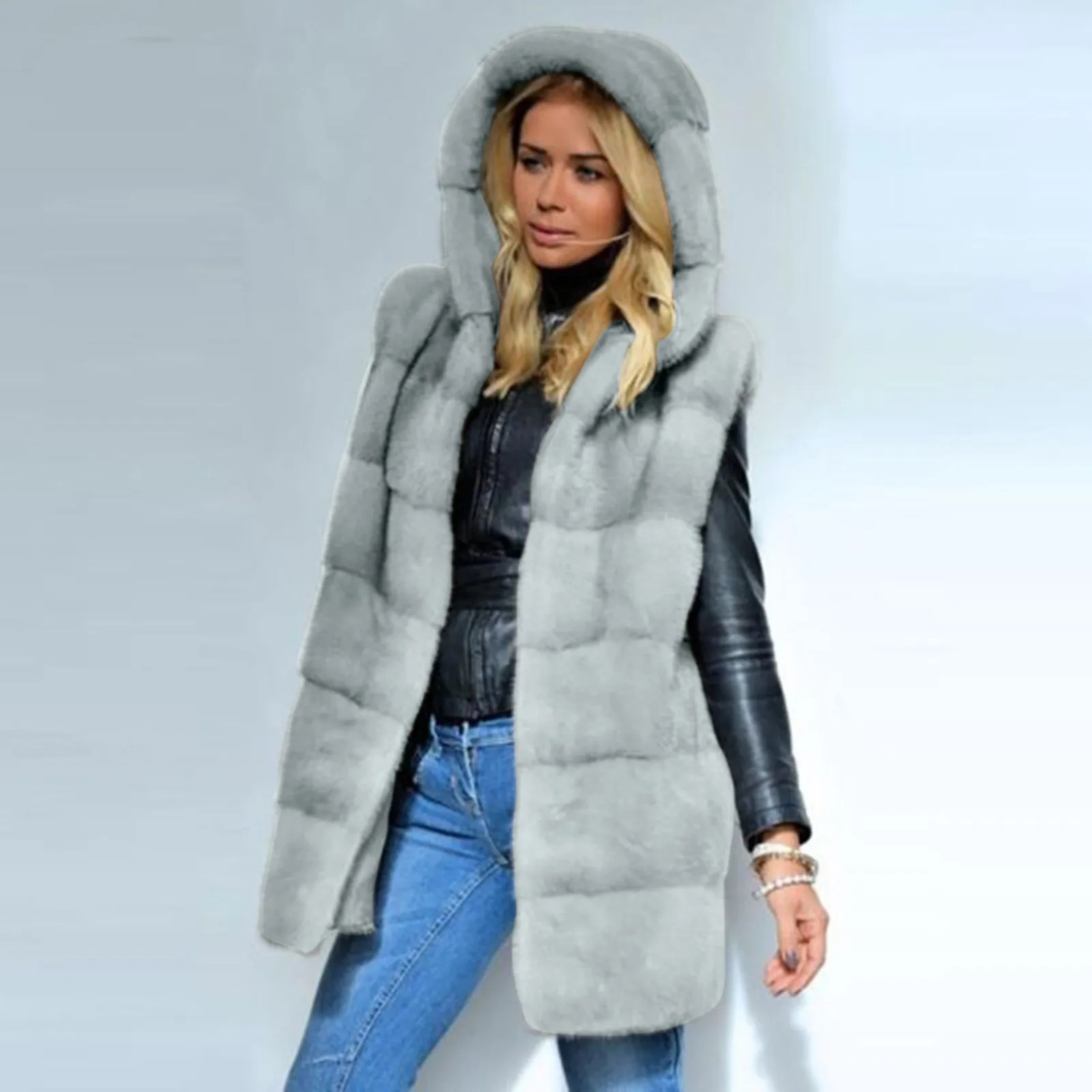 Ladies Faux Fur Vest Sleeveless Waistcoat Autumn Winter New Warm Jacket Fashion Solid Color Outwear Womens Hooded Vest Coat 2021