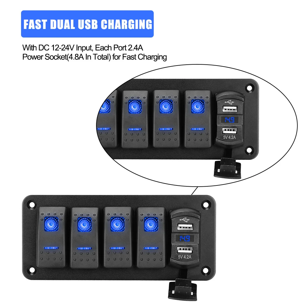 4 Gang Toggle Rocker Switch Digital Voltmeter Dual USB Port ON/OFF Outlet Combination 12V/24V Waterproof