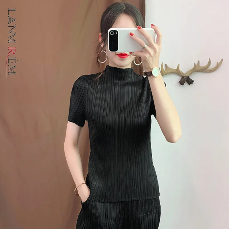LANMREM Black Stand-up Collar Short-sleeved Pleated Loose Plus Woman T-shirt Casual Simple Fashion 2024 Spring New TV737
