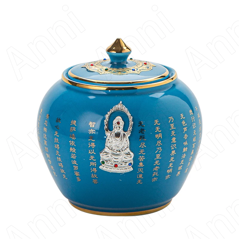 Creative Ceramic Tea Container with Silver Heart Sutra Chinese Vintage Golden Stroke Porcelain Craft Ornament Coffee Table Decor