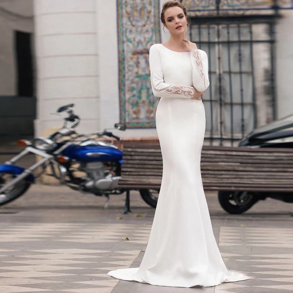 

Customized Modern Sheath Full Sleeve with Scoop White Wedding Dresses for Elegant Women Bridal Court Train Sexy Backless Jersey