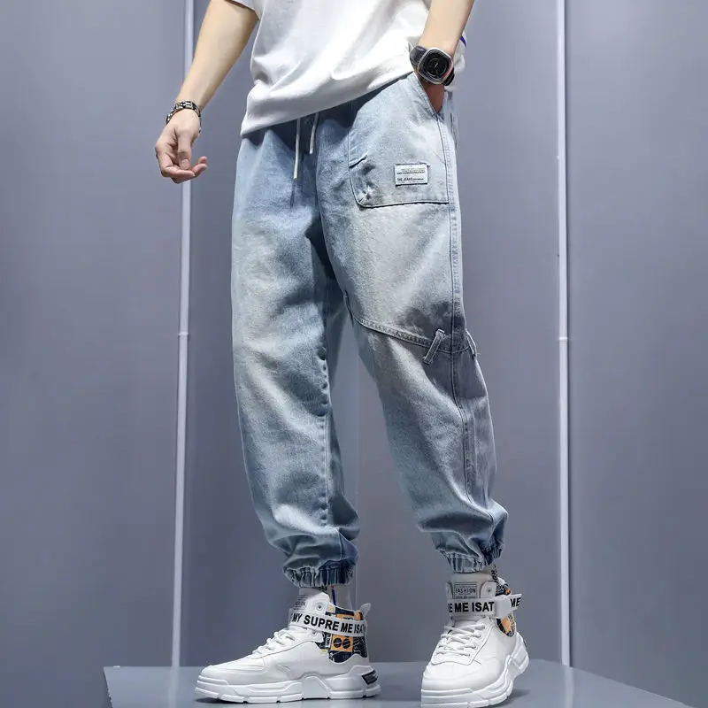 Mens Fashion Harem Pants Summer Casual Loose Washed-out Jeans Men's Stitching Trousers Ankle-Tied Joggers Streetwear Baggy Pants