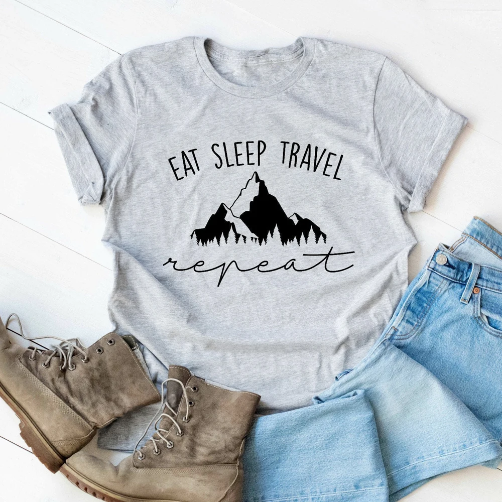 Eat Sleep Travel Repeat mountain t-shirt Unisex Adventure escursionismo Tshirt Outfit Casual Women Camping Outdoor Graphic Tees Tops