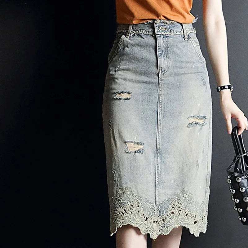 Summer Elegant Ladies Knee Length A-Line Denim Skirts High Waist Embroidery Vintage Hole Ripped Slim Women Wrap Skirts Plus Size