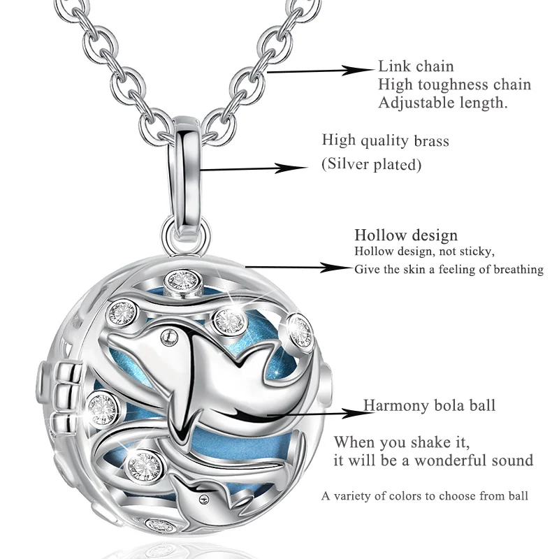 Eudora 20mm Harmony Bola Ball Blue Whale Dolphin Pendant Necklace with Crystal cage Chime Ball Jewelry For Pregnant woman K390