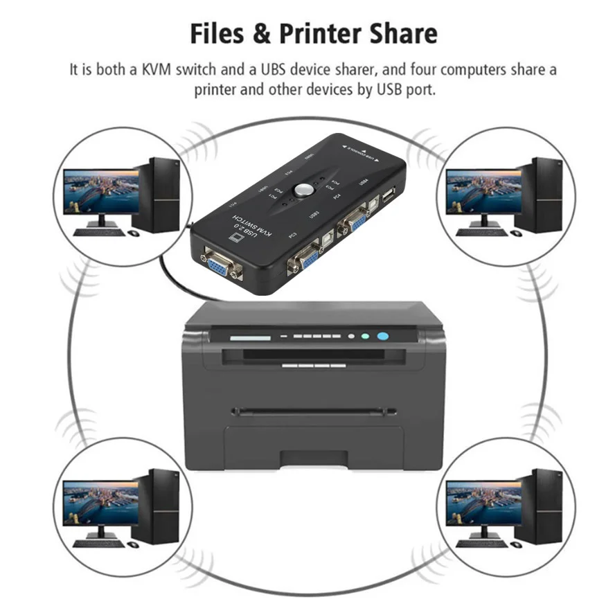 WVVMVV USB 2.0 VGA 분배기 프린터 마우스 키보드 펜드라이브 공유 스위처, 4 포트 kvm 스위치 박스 어댑터, 1440*1920 VGA